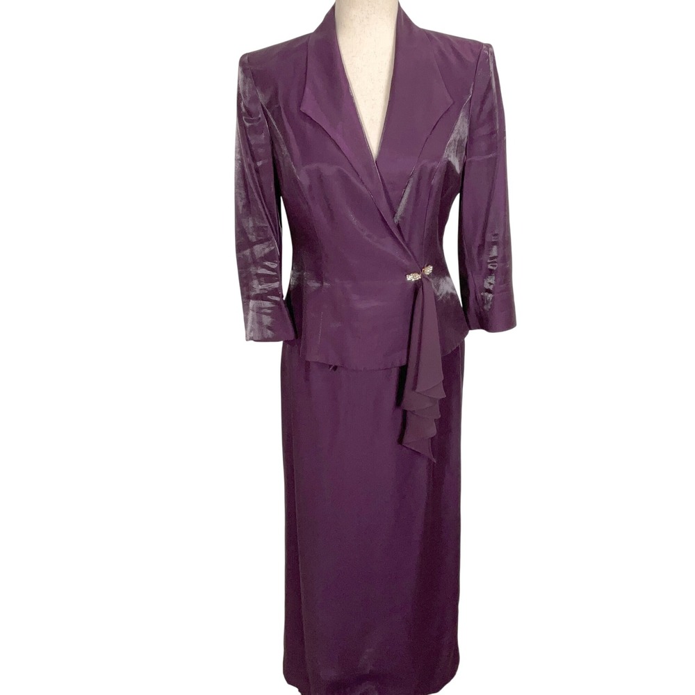 Alex Evenings Skirtsuit Women 6 Purple Wrap Shimmer Satin Maxi Cocktail Formal